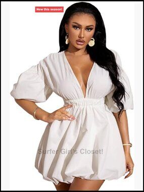 Deep V Neck Puff Sleeve Flare Ruffle Summer Dress A-Line Mini